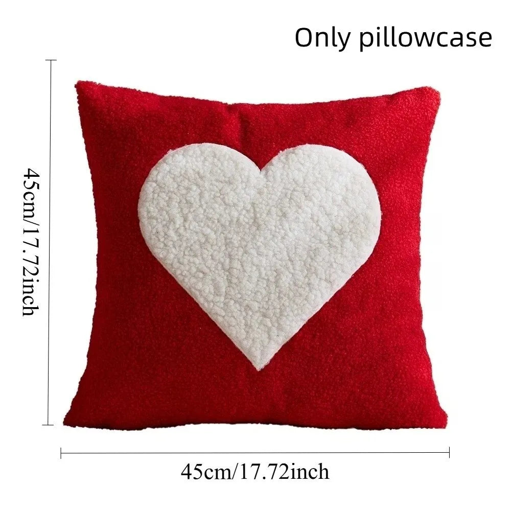 housse coussin décorative cœur rouge blanche moelleuse lit maison romantique cosy 45cm 45cm