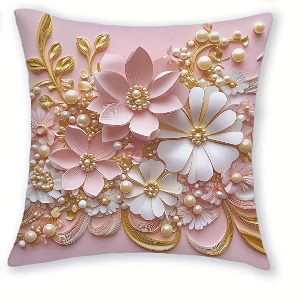 housse coussin imprimé fleurs papillon rose blanc doré adhésive décoration intérieure 40x40cm