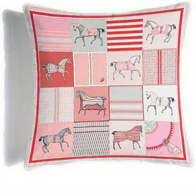 coussin carré patchwork adhésif motifs chevaux rayures 35 45 50 60cm polyester blanc gris