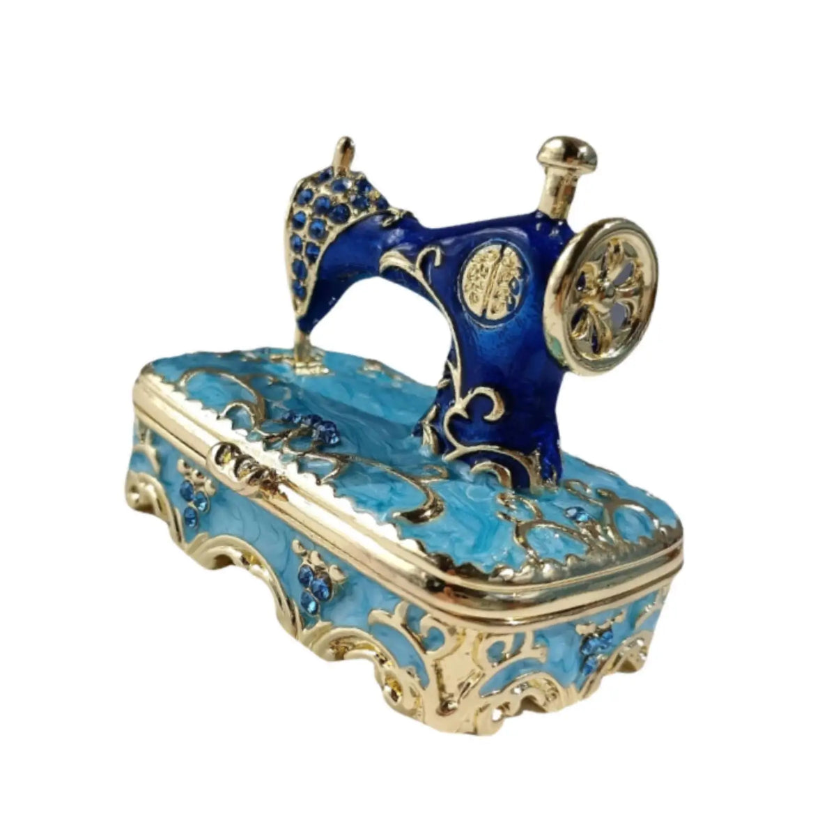boîte rangement bijoux vintage machine coudre rouge bleu violet fleurs dorées decoration trousseau cadeau