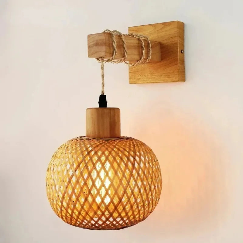 lampe suspension moderne tissage rotin finition bois naturel ampoule e26 cordon corde nylon vis