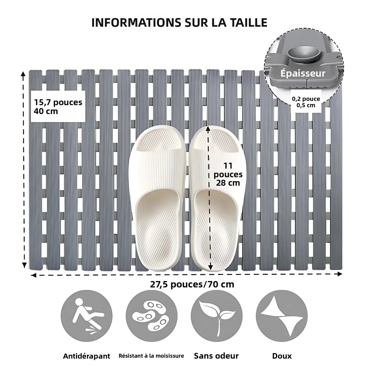 tapis bain antidérapant moderne 40x70cm lattes horizontales texturé ouvertures adhésifs salle bain