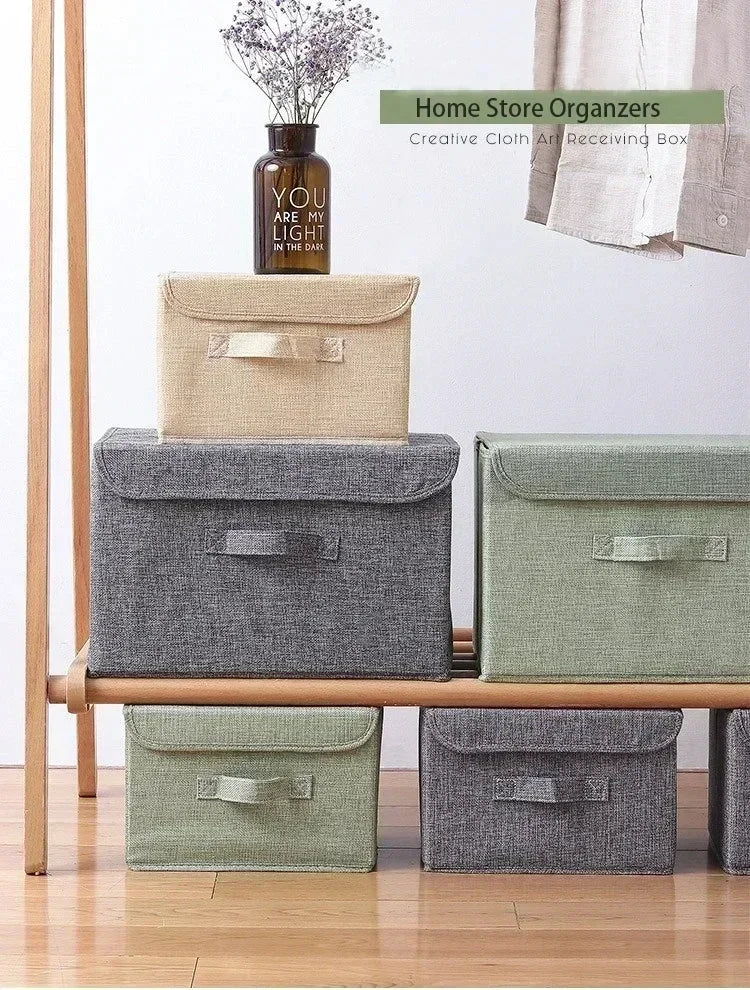 boîtes rangement pliables toile lin gris beige modernes respectueuses environnement fonctionnelles poignées détachables