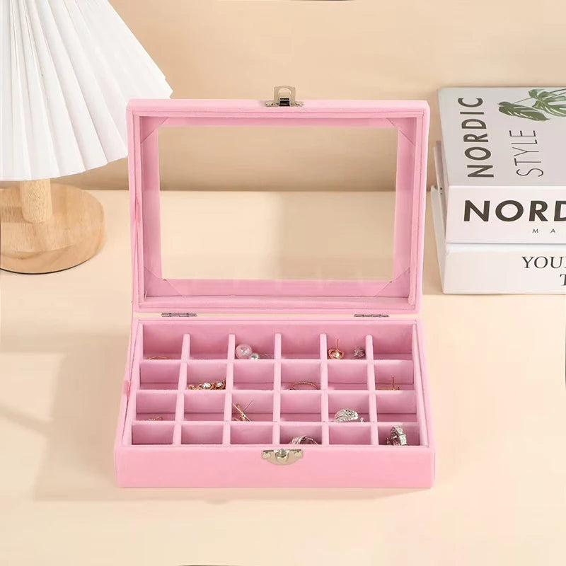 boîte bijoux velours rose moderne compartiments transparents cadenas 24 places