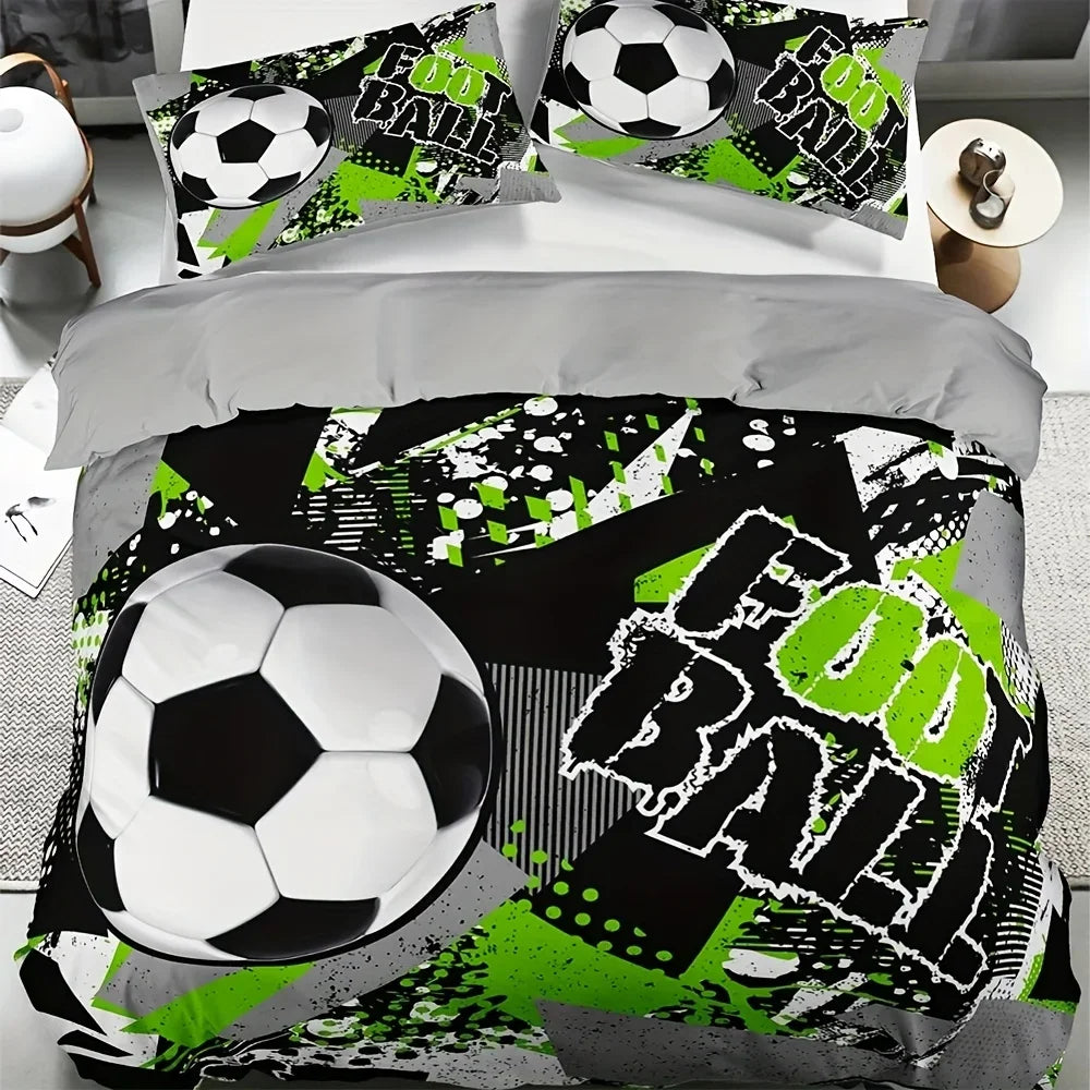 ensemble literie moderne sportif housses football motif vert texte FOOTBALL noir blanc polyester brossé