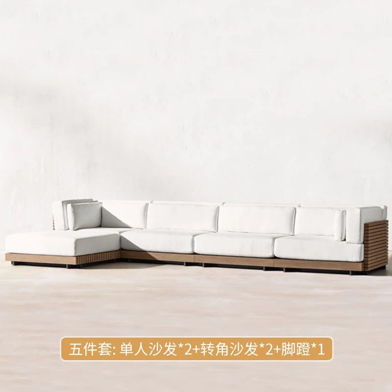 canapé extérieur modulable gris foncé tissu bois naturel coussins pieds noirs moderne minimaliste