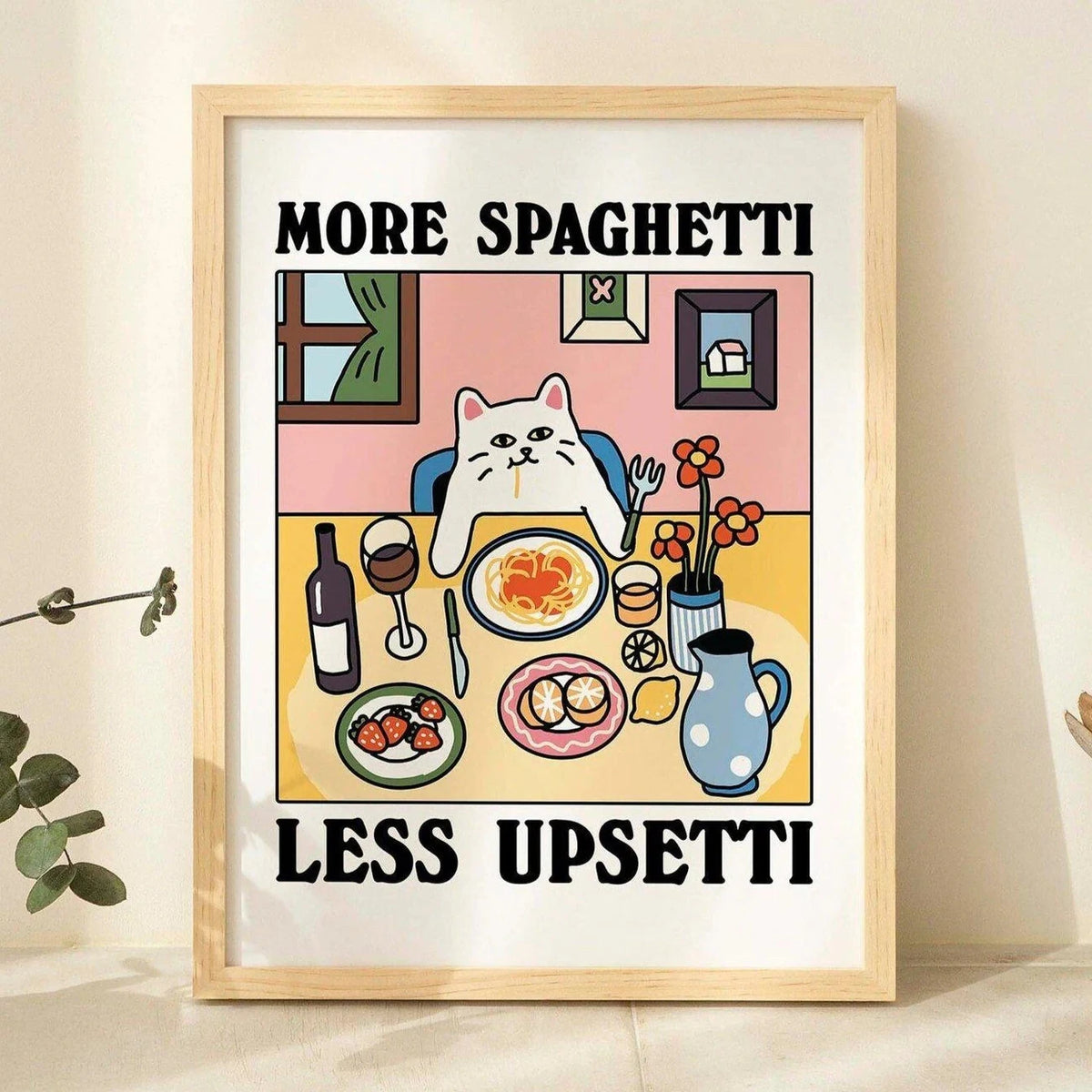 affiche encadrée illustration chat spaghetti fleurs vin fond rose humour enfant chambre salon