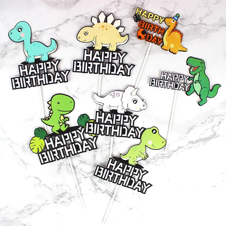 décoration gâteau enfant dinosaure cartoon palmiers ballons happy birthday motifs floraux tringle festif anniversaire