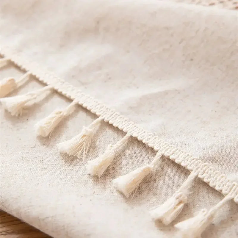 nappe table rectangulaire beige clair rustique boho chic tissée motifs franges