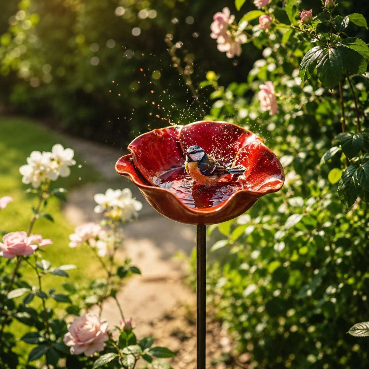 bassin oiseaux rouge forme fleur moderne tringle extérieur jardin fleuri