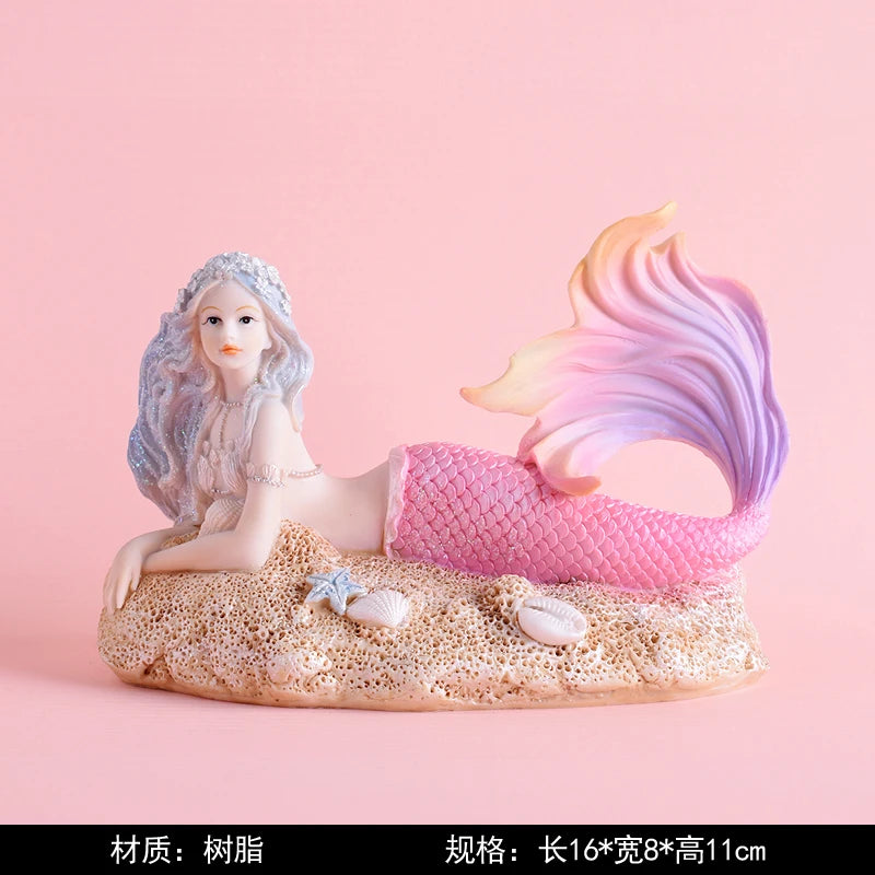 statue sirène résine rose blanche bleue dorée coquillage cheveux ondulés décoration intérieure artificielle