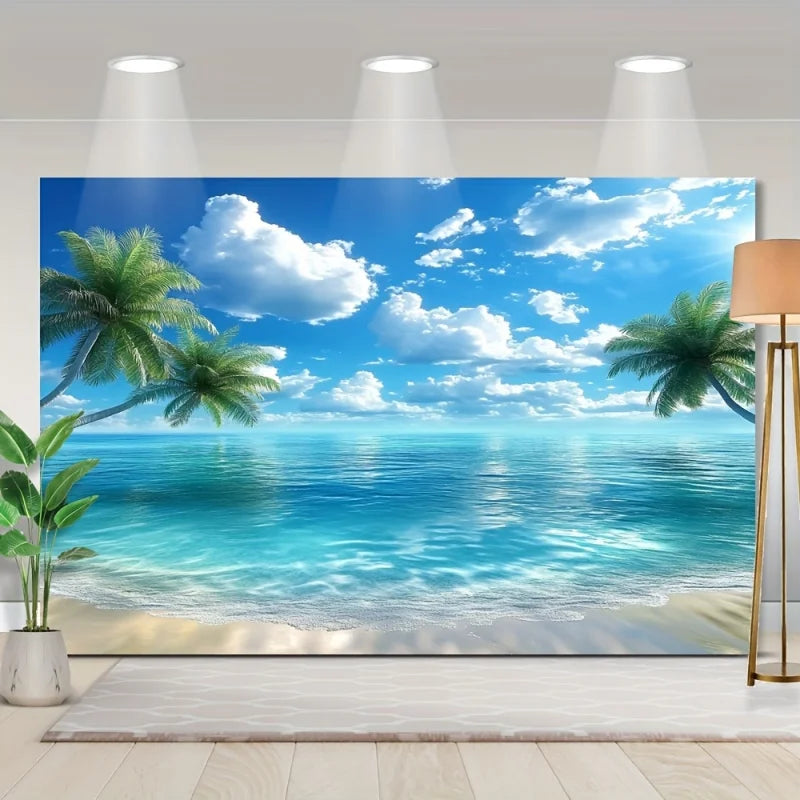 toile d'art impressionniste paysage marin palmiers bleu vert blanc nuages clips
