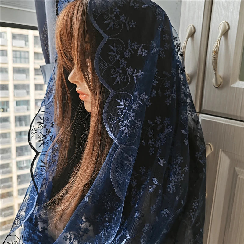 écharpe brodée florale bleu marine semi transparente classique femme adulte