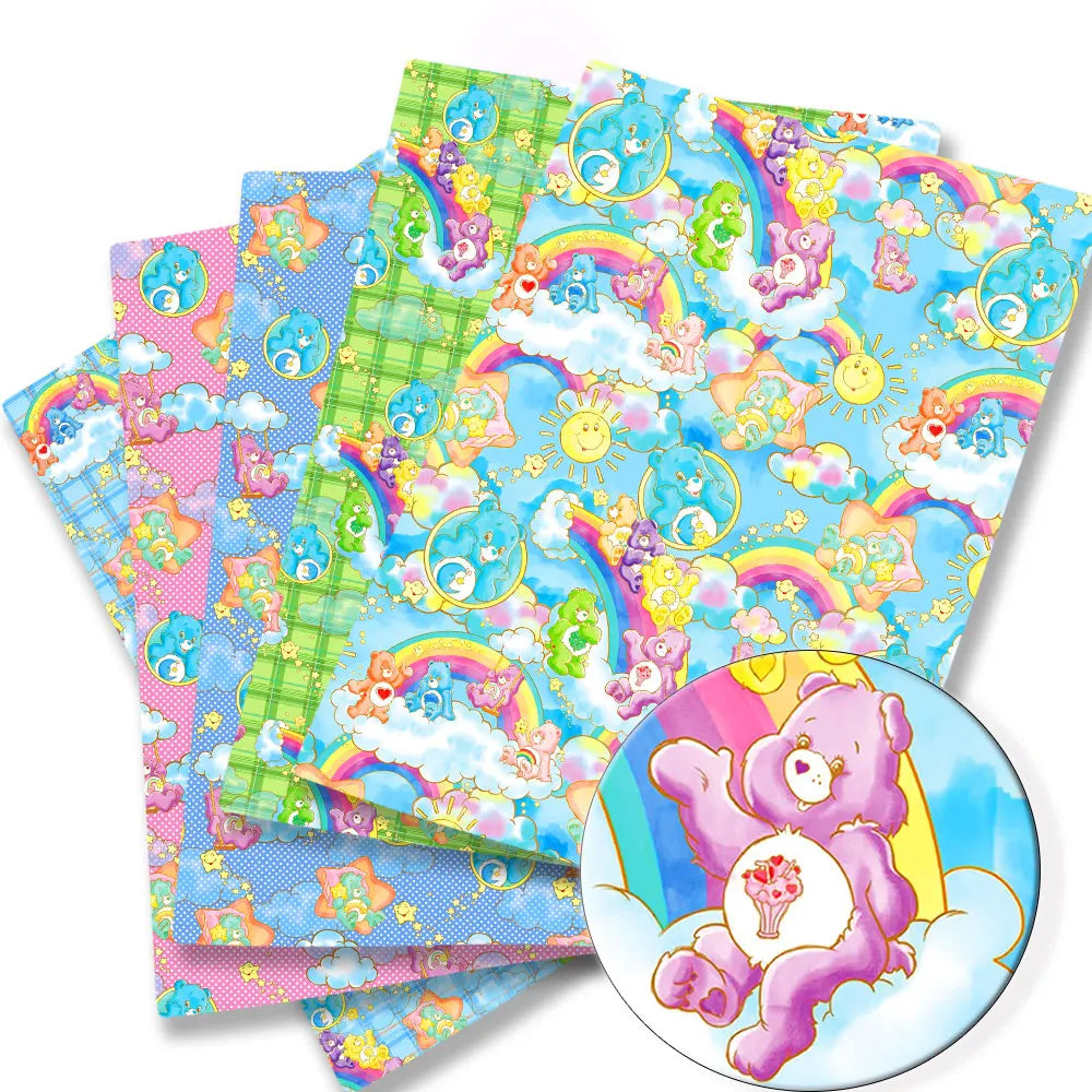tissu imprimé polyester coton 140x50cm dessin animé ours nuages arcs ciel enfant multicolore