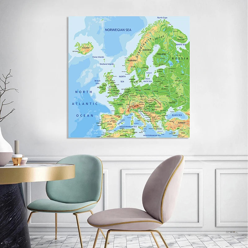 affiche murale carte europe relief topographique bleu vert décoration intérieure 90x90cm