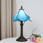 lampe table art nouveau tiffany bleu bronze verre texturé fleurs stylisées moderne
