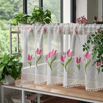rideau brodé tulipes roses semi transparent blancs fenêtre salon cuisine