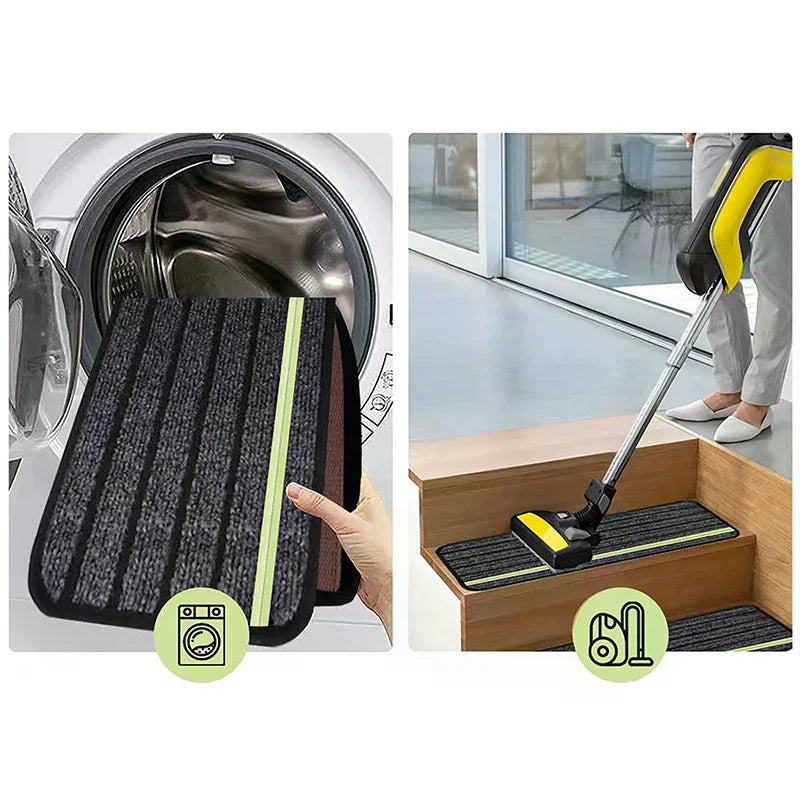 tapis d'escalier noir vert fluo rayures horizontales velcro moderne antidérapant sécurité camping car porte