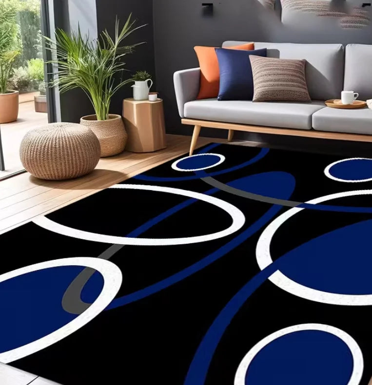 tapis moderne carreaux géométriques bleu gris noir polyester polypropylène salon chambre prière extérieur