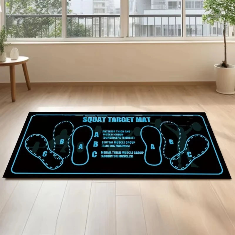 tapis squat fitness noir jaune bleu vert antidérapant durable lignes formes positions pieds