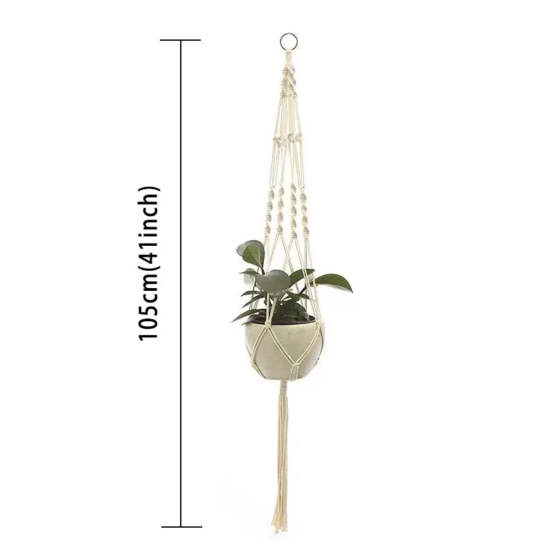 support plante suspendue macramé boho panier blanc noeuds réguliers artisanal pot fleuri