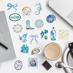 sticker thème marin coquillage corail hippocampe crabe bleu blanc gris vert adhésif illustré pack