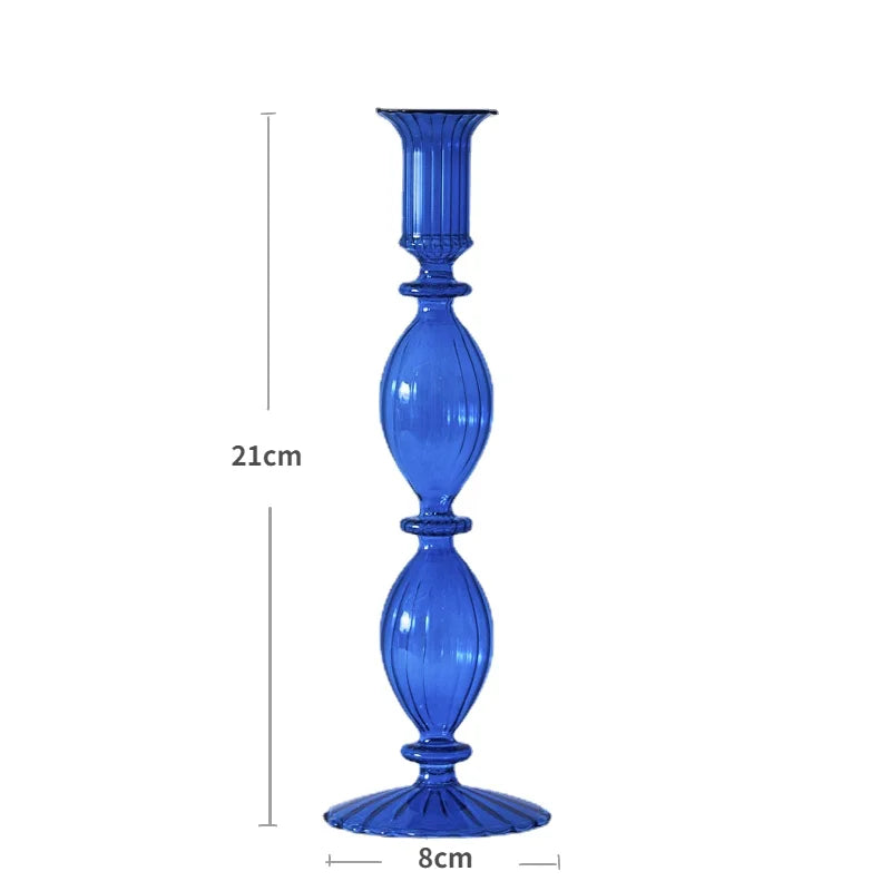 bougeoir moderne verre bleu cobalt texture ondulée décoration intérieure vase support blanc bougie blanche