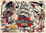 sticker autocollant tatouage vintage motifs traditionnels fleurs animaux symboles rouge noir beige blanc bleu