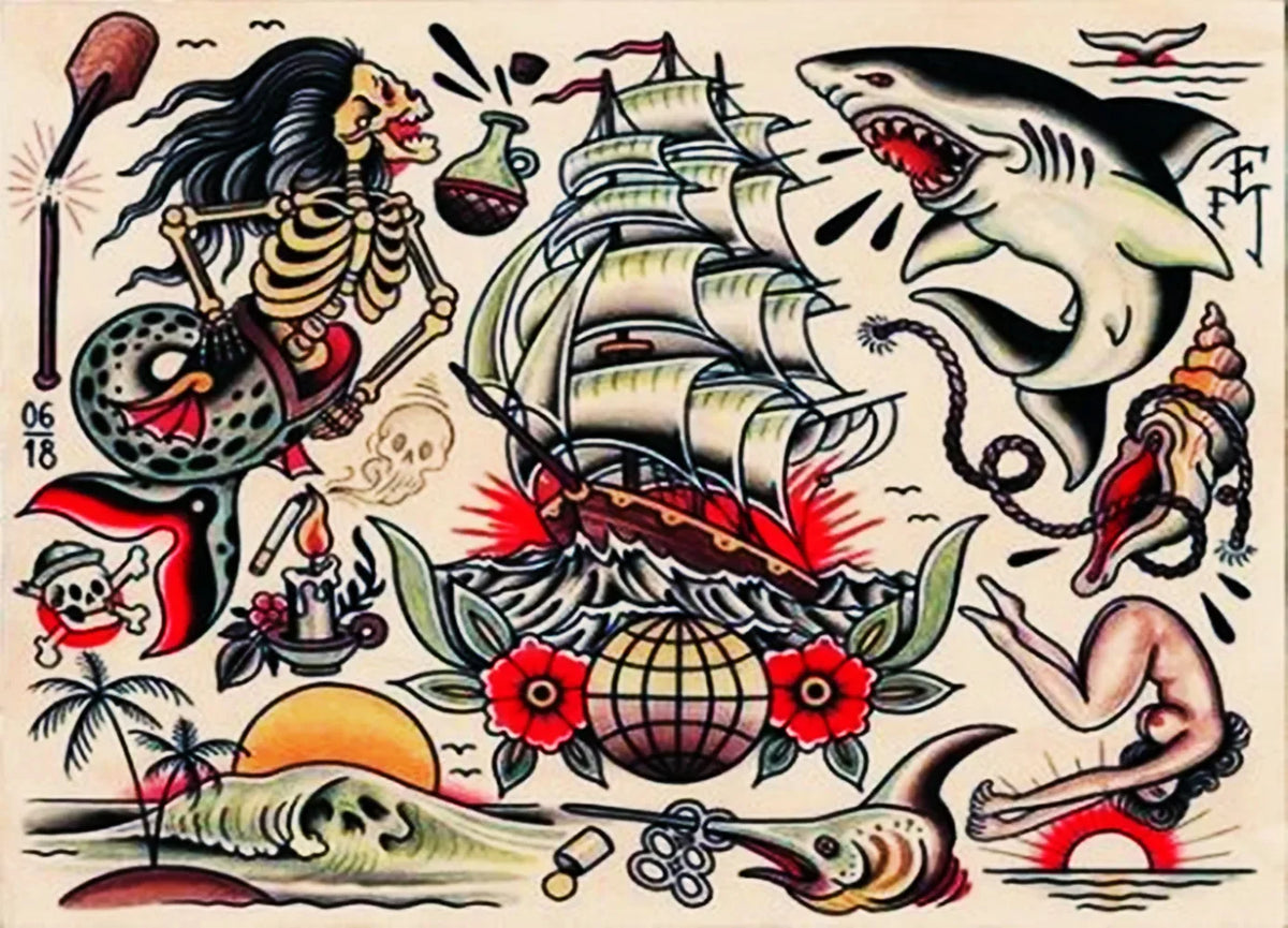 sticker autocollant tatouage vintage motifs traditionnels fleurs animaux symboles rouge noir beige blanc bleu
