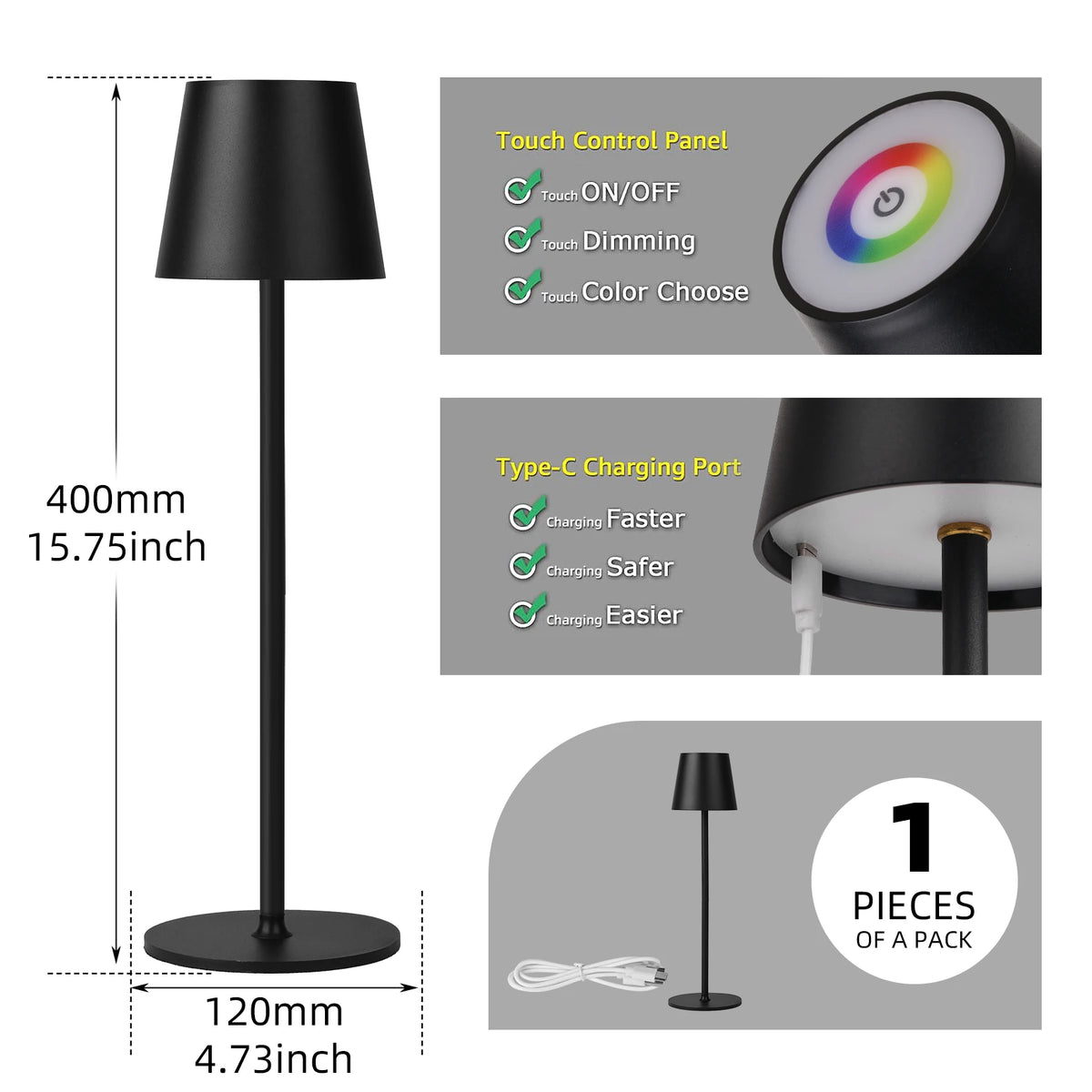 lampe table led rechargeable usb interrupteur tactile noir moderne(touch dimming abs batterie)
