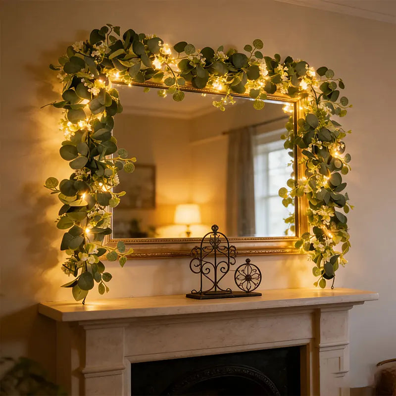 décoration intérieure guirlande eucalyptus lumières LED vert blanc doré festive rustic bohème chambre table