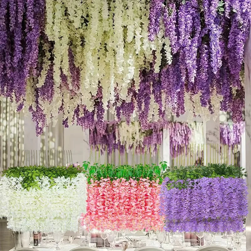 fleurs artificielles violet blanc rose naturel feuilles vertes guirlande suspendue décoration mariage anniversaireextérieur
