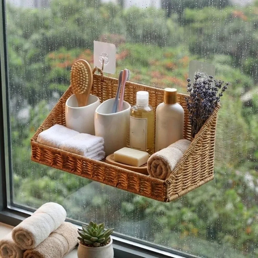 panier osier tressé marron clair rustique clips adhésifs cuisine rangement réutilisable grande capacité multipurpose