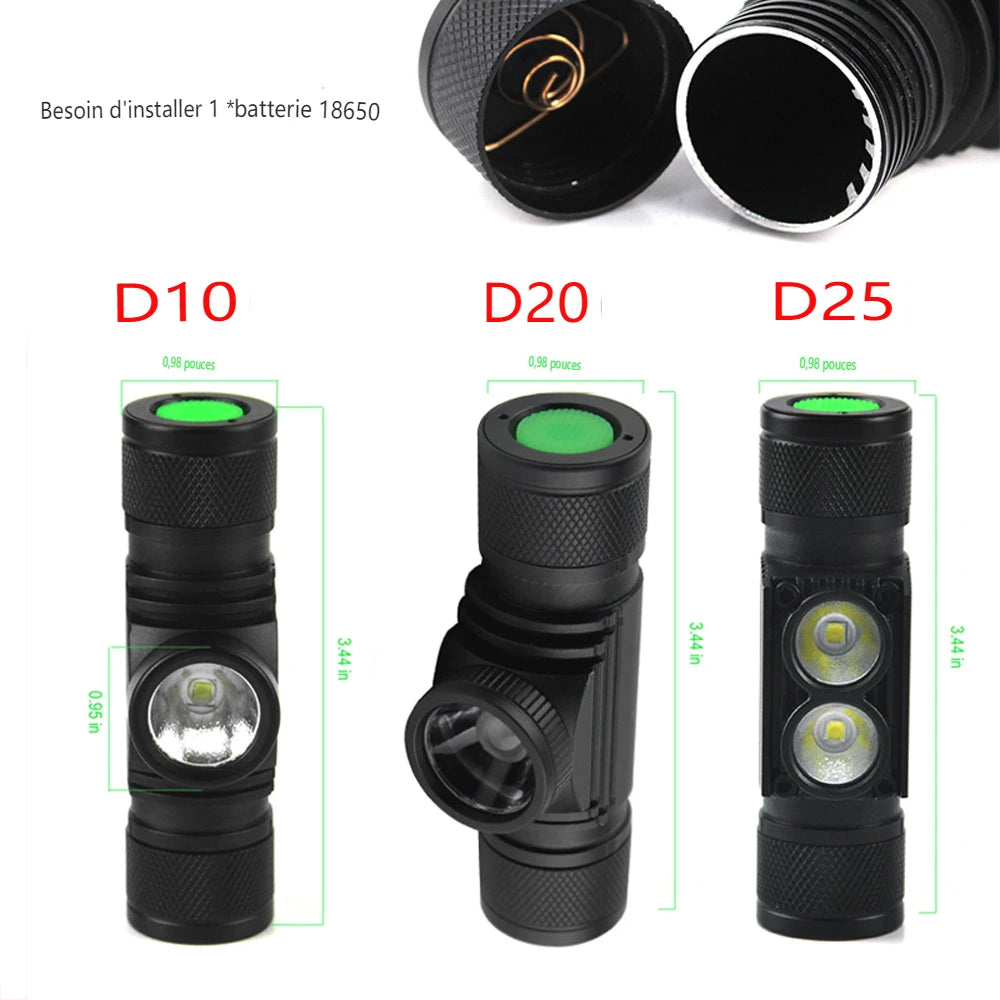lampe frontale rechargeable camping chasse étanche 10w led noir jaune adjustable