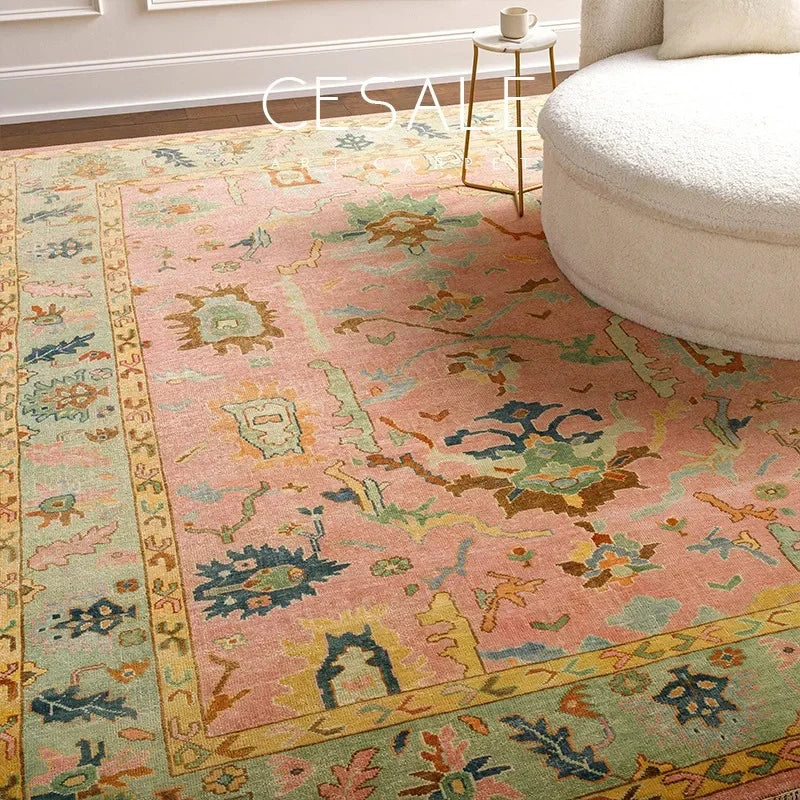 tapis bohème oriental motifs floraux géométriques doux salon moderne rose vert jaune bleu