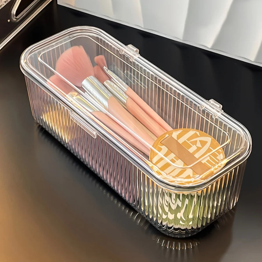 boîte maquillage transparente rayures verticales moderne poignée brosse pinceau tampon réutilisable