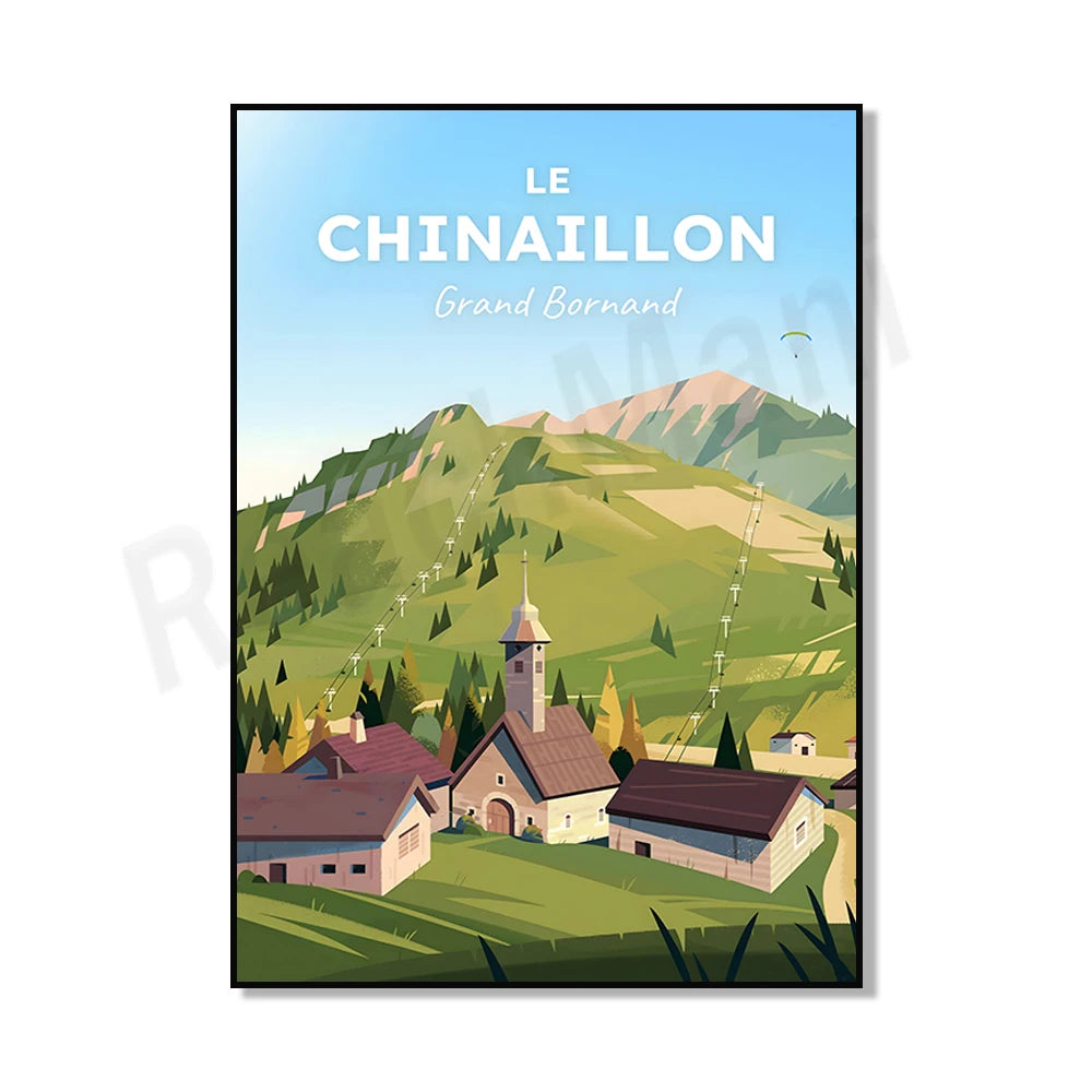 Cette image présente une illustration d'un paysage de montagne avec un village et une église au premier plan, encadré par des collines et des arbres verdoyants, avec un parapente volant dans le ciel bleu.