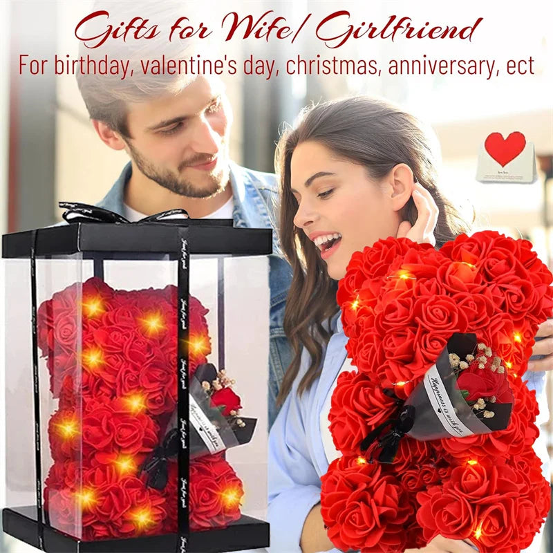 décoration intérieure ours fleurs artificielles rose boîte cadeau guirlande lumineuse carte souhaits saint valentin
