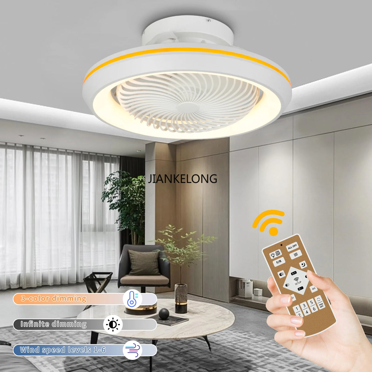 ventilateur oscillant blanc jaune moderne télécommande grille ventilation 49cm diamètre