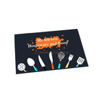tapis sol cuisine motifs géométriques floraux moderne bleu foncé orange blanc