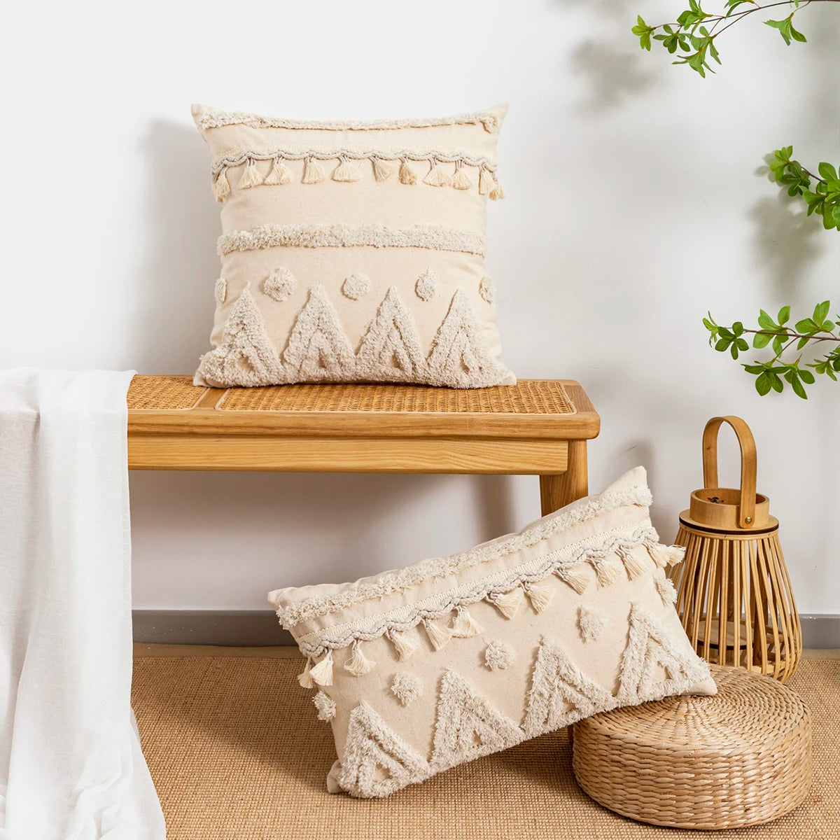 housse coussin beige triangles poils boho chic décoration lit canapé voiture coussins truelle osier