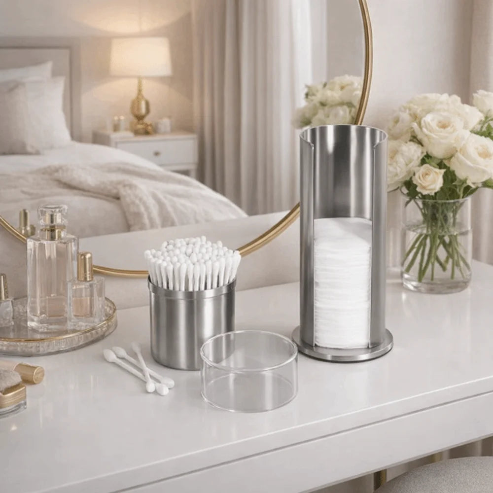 rangement salle bain réutilisable acier inoxydable moderne transparent opaque coton tiges disques démaquillants minimaliste