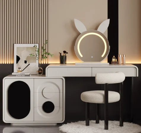 meuble maquillage blanc moderne plateau tabouret vase bouteilles parfum écologique bois.storage minimaliste
