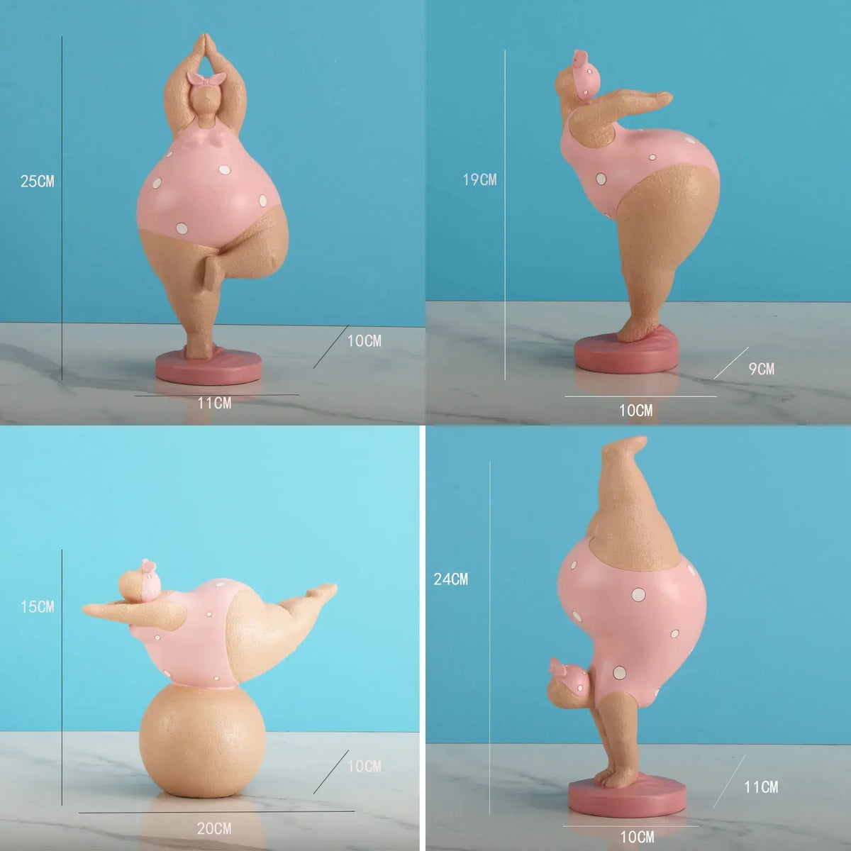 statues yoga contemporaines humoristiques résine rose beige points blancs texture mat opaques