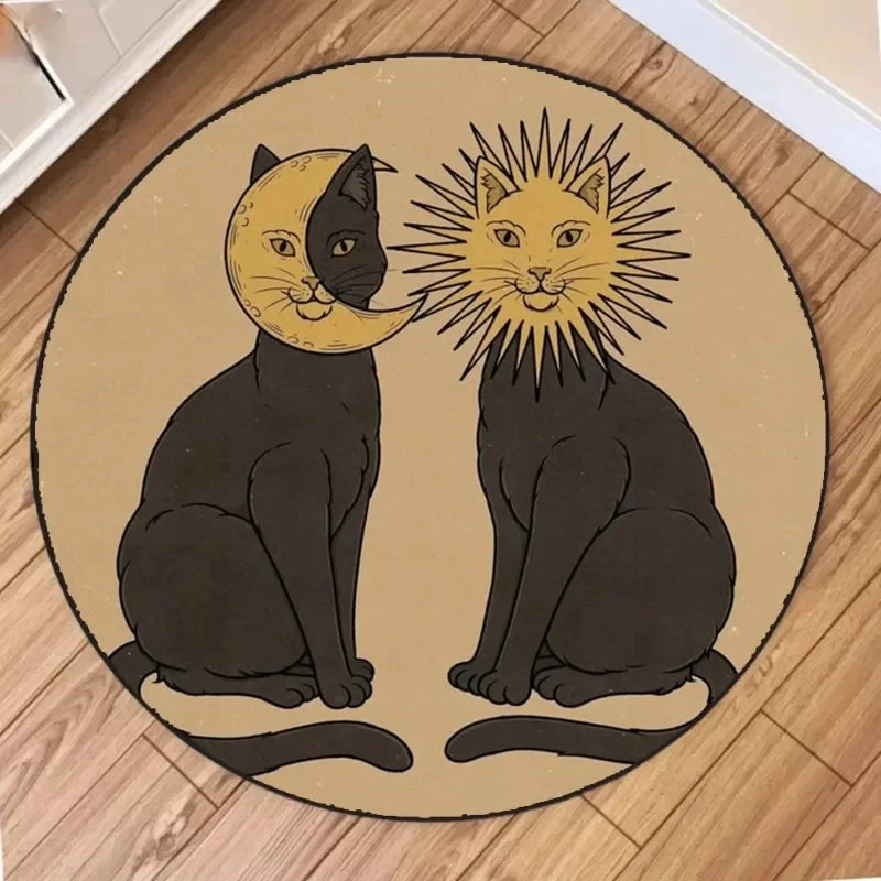 tapis rond vintage chats lunes soleils motifs floraux noir beige jaune blanc vert