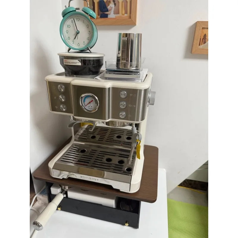 présentoir vintage machine tasses capsules cuillère tiroirs rangement bois métal poli