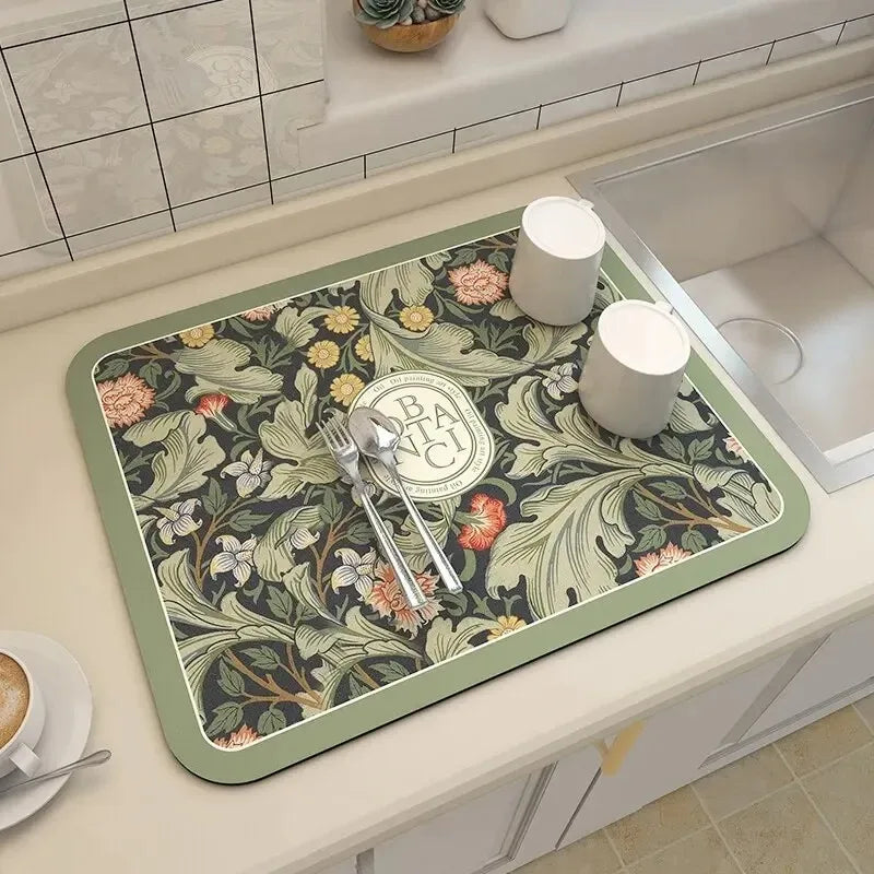 tapis cuisine moderne rectangle floral vert beige gris respectueux environnement caoutchouc