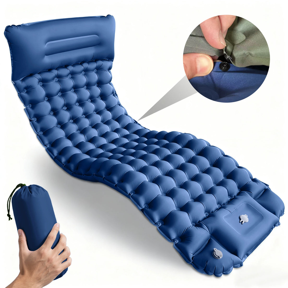 matelas gonflable bleu marine confortable texture boutons sac rangement camping plein air