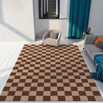 tapis salon moderne carreaux géométriques noir blanc marron beige rose grande taille intérieur