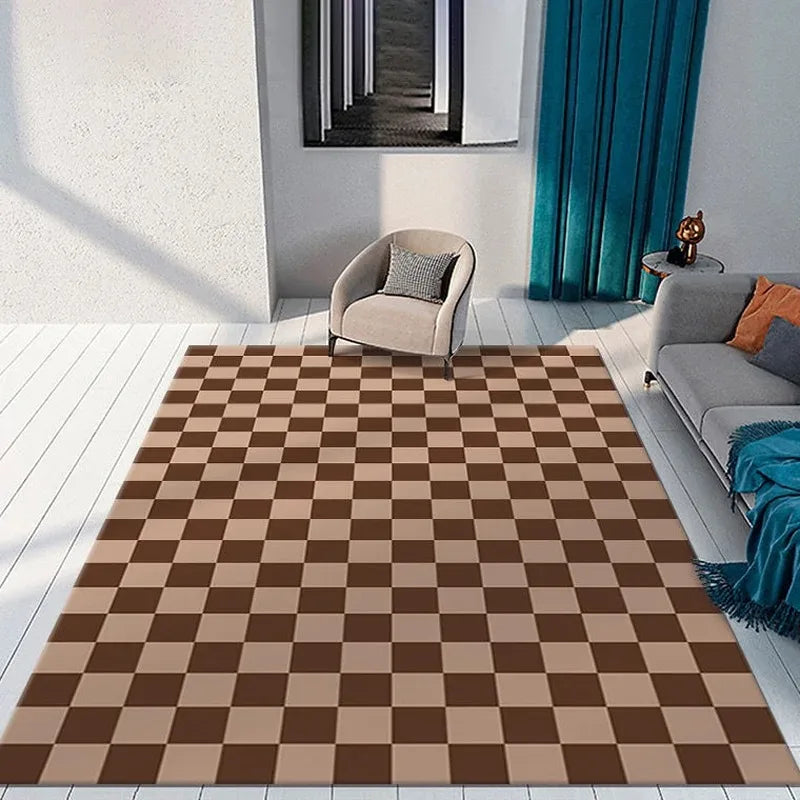 tapis salon moderne carreaux géométriques noir blanc marron beige rose grande taille intérieur